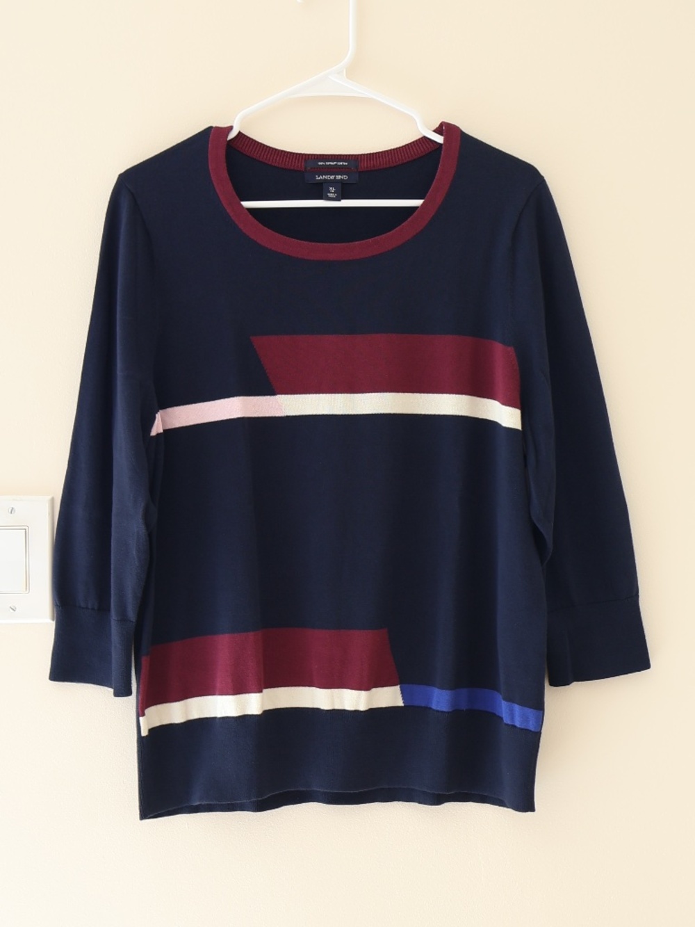 Lands' End Supima Cotton Knit Sweater Navy Colorblock Retro Eclectic Twee Sz XL